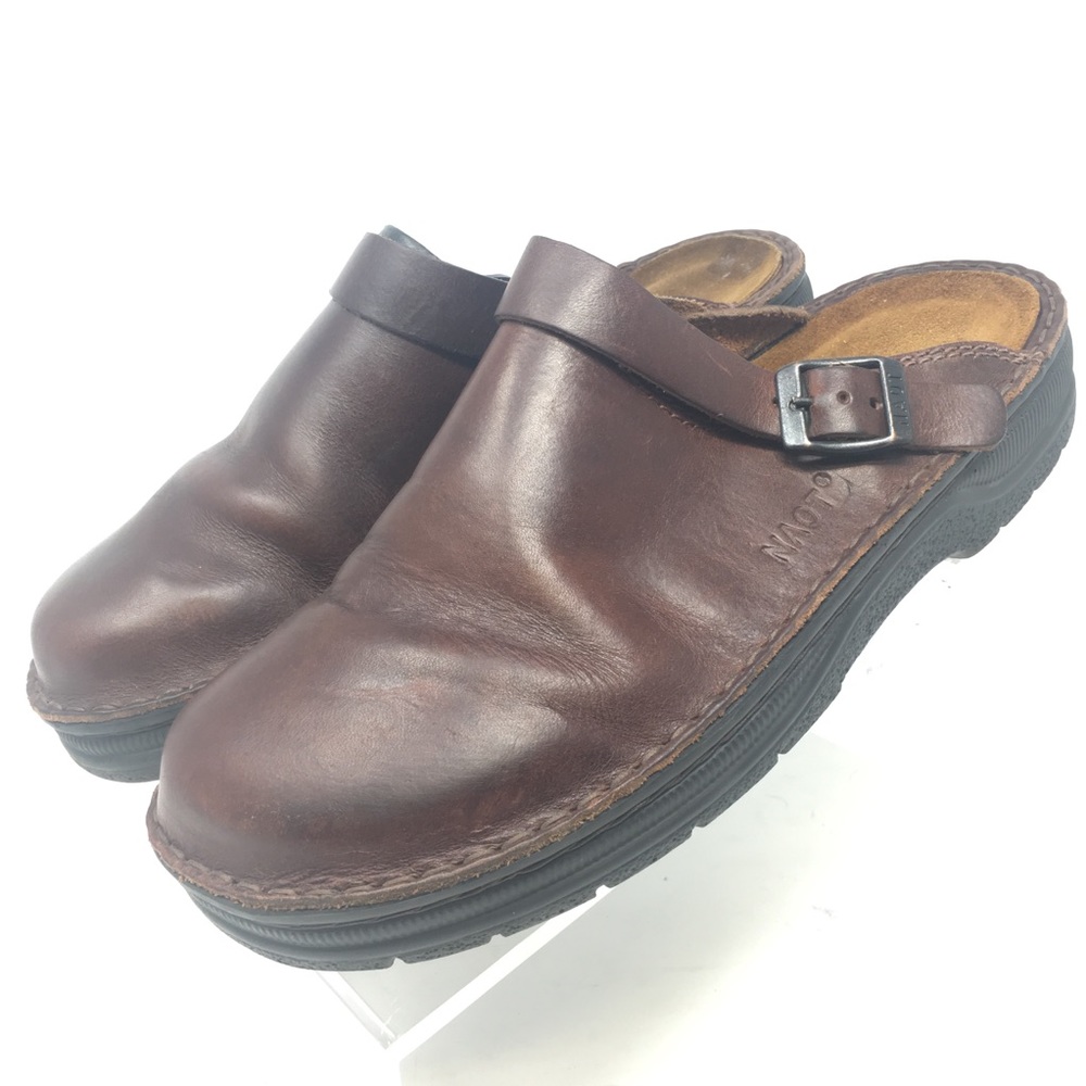 Naot Brown Leather Buckle Trim Slip On Mules